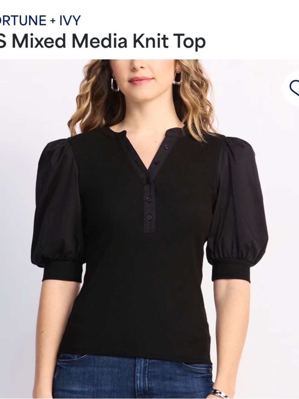 Fortune + Ivy Black Puff-Sleeve Mixed-Media Blouse